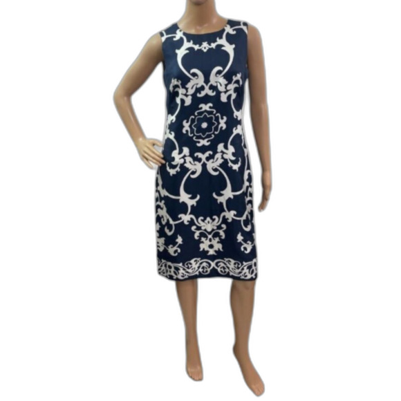 Banana Republic Navy White Silk Scroll Print Sleeveless Sheath Dress Size 2 - Picture 1 of 15